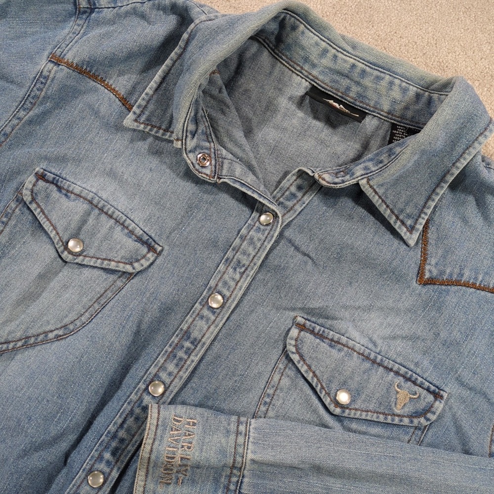 Harley Davidson 1W Vintage Pearl Snap Denim Western Long Sleeve Button Up